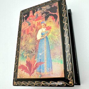Russian Palekh Hand Painted Lacquer Trinket Box  Woman Blue Dress Design Vintage